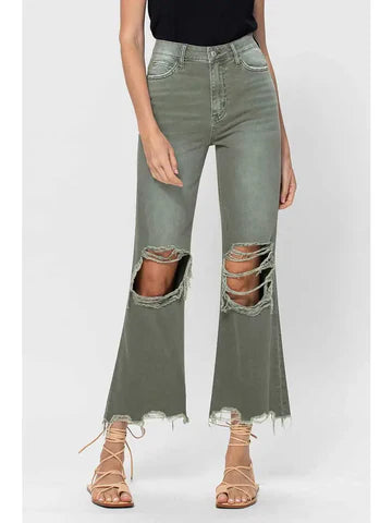 Green Ripped Flare Jean