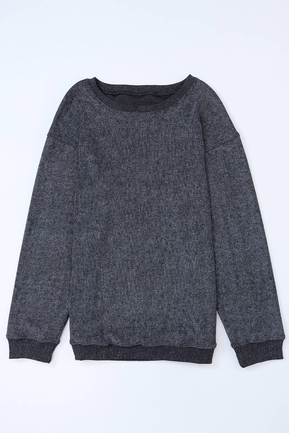 Solid Ribbed Knit Round Neck Pullover Sweatshirt