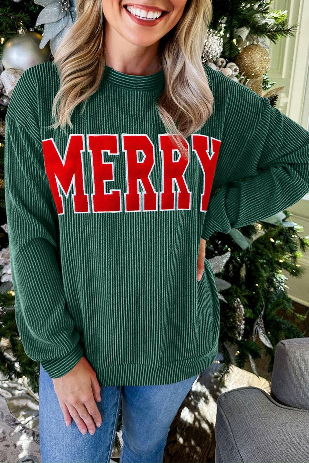 Christmas Merry Corded Knit Long Sleeve Top