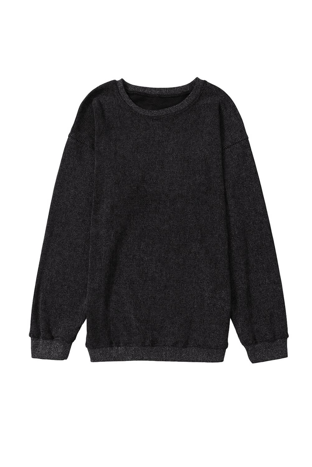 Solid Ribbed Knit Round Neck Pullover Sweatshirt