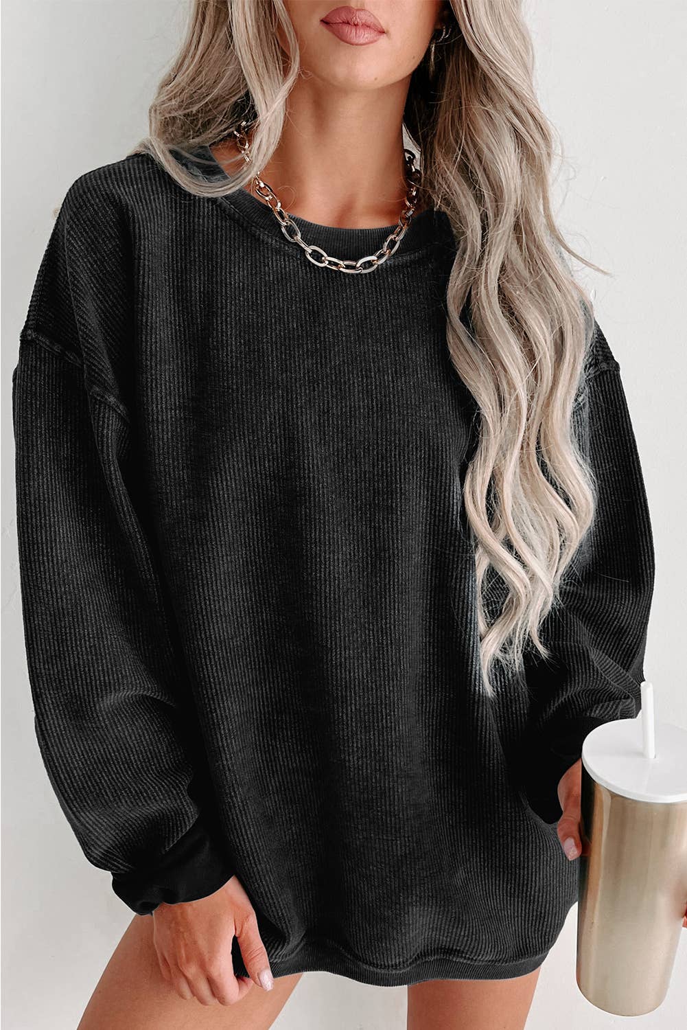 Solid Ribbed Knit Round Neck Pullover Sweatshirt