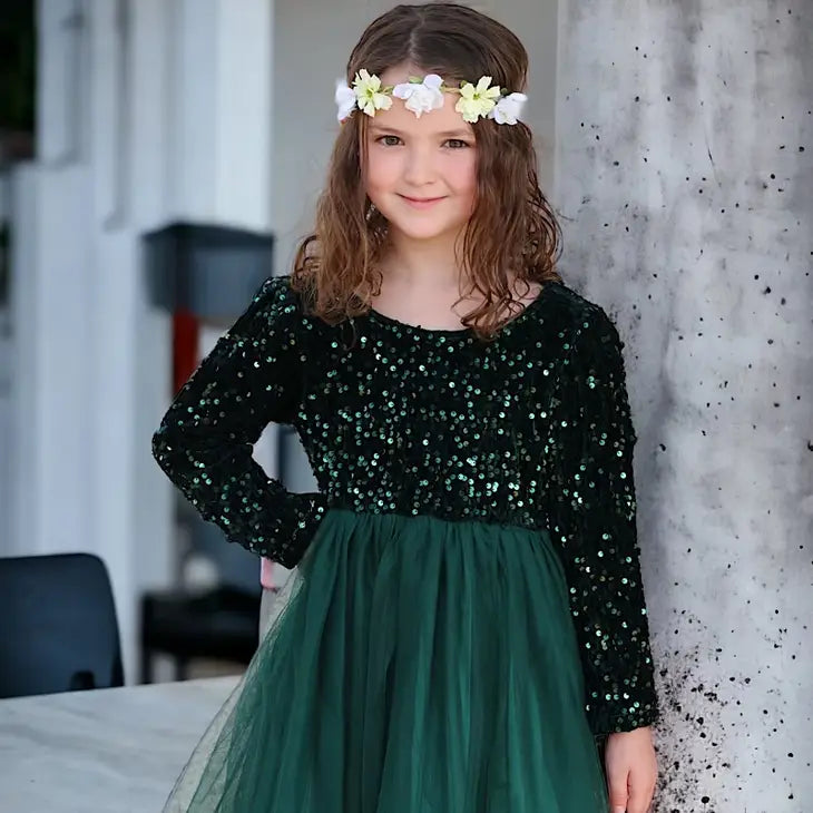 Forest Green Sequins Dress with Tulle Skirt