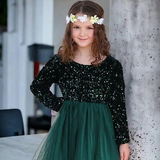 Forest Green Sequins Dress with Tulle Skirt